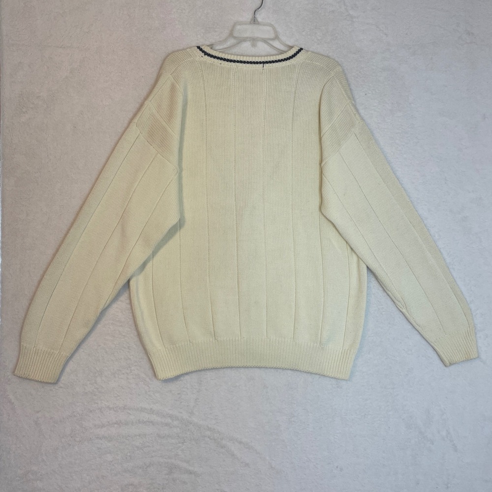 John Ashford Mens Cream Cotton Knit Cardigan Sweater Navy Trim Large 483 - Picture 9 of 9